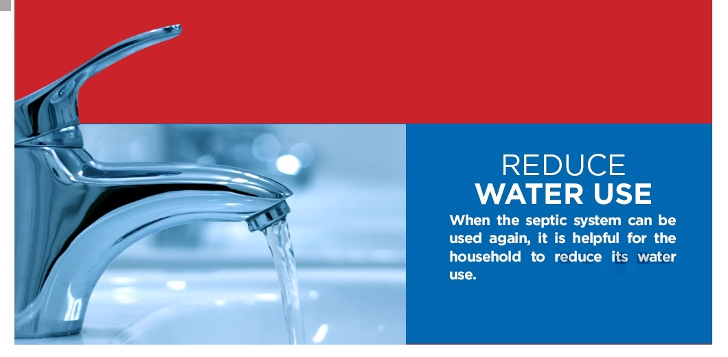 Faucet with running water with text about reducing water usage