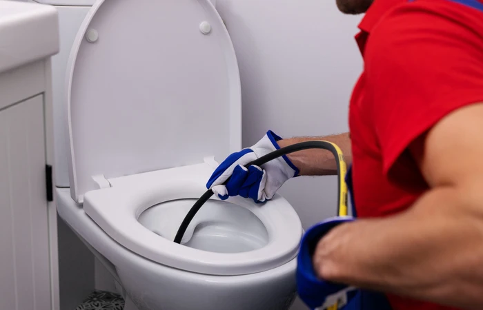 plumber unclogging blocked toilet with hydro jetting at home bathroom.