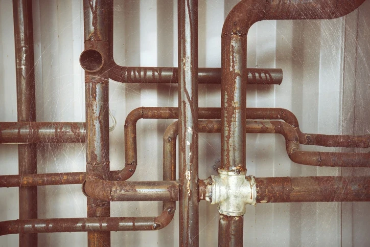 A system of rusted plumbing pipes.