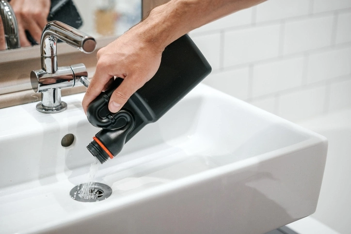 A man’s hand pours a chemical drain cleaner from a black bottle into a white sink.