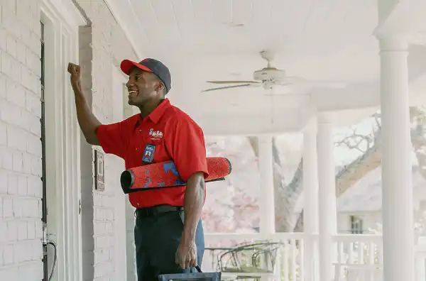 Mr. Rooter plumber knocking on door of client's home and smiling, with mat rolled up under arm.