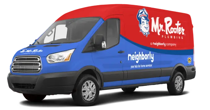 Red and blue branded Mr. Rooter and Neighborly van.