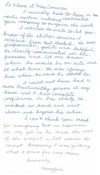 Mr. Rooter Plumbing handwritten review.