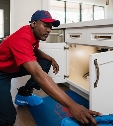 Mr. Rooter professional working under a sink.