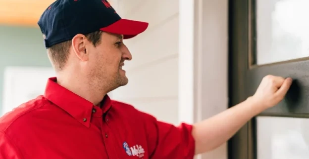 Mr. Rooter Plumbing employee knocking on a customer's door.