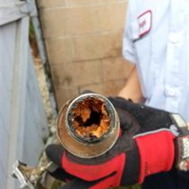 Technician holding clogged pipe