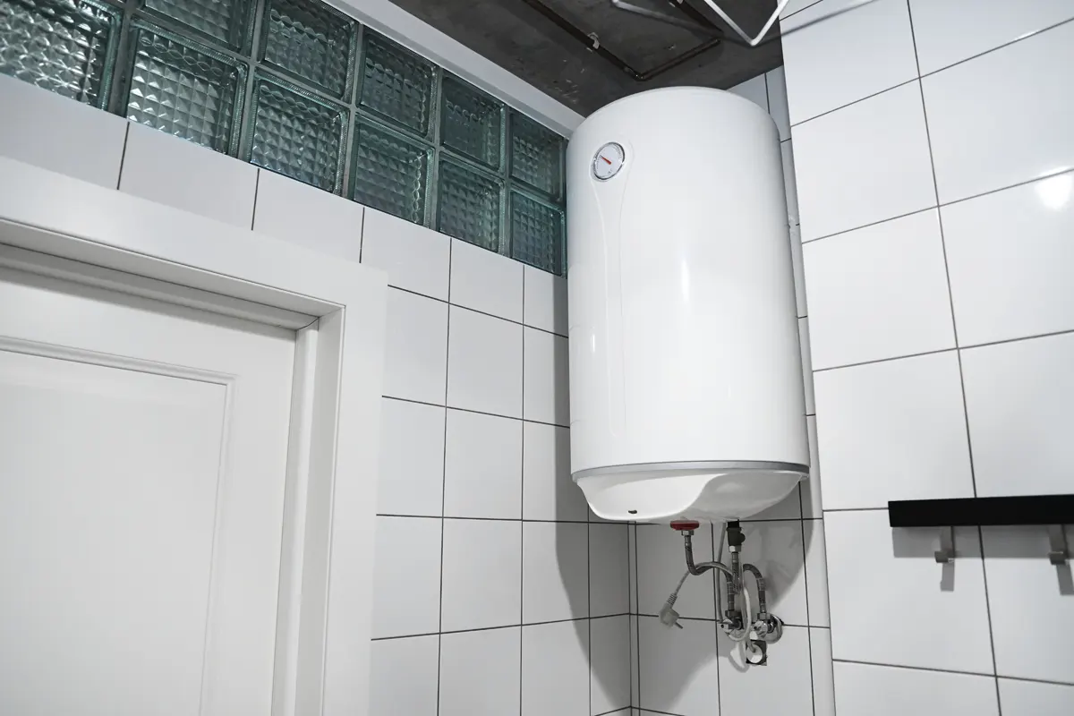 An image of a water heater attached to a wall in a home.