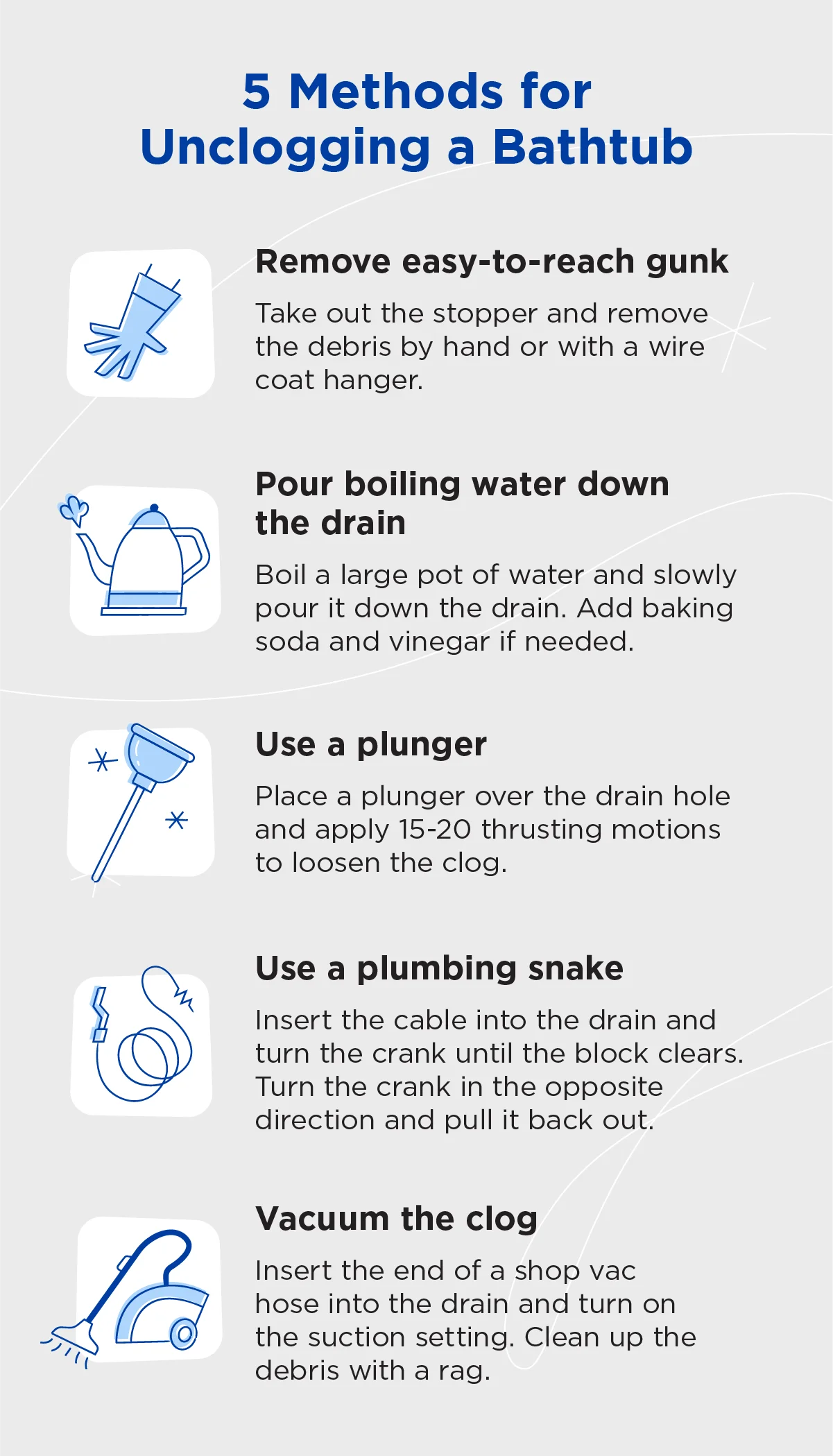 Five ways to unclog a bathtub drain, including clearing debris by hand, pouring hot water, or by using a plunger, a plumbing snake, or a shop vac.