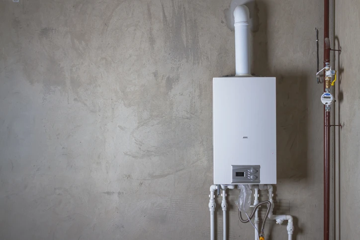 Image of a new water heater on the concrete wall of a garage.