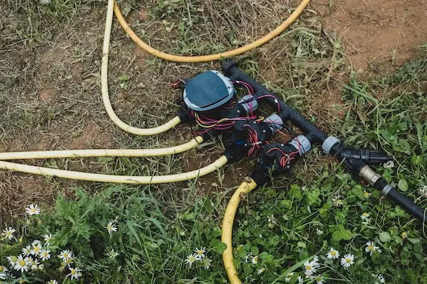 A commercial irrigation system lying on the grass.