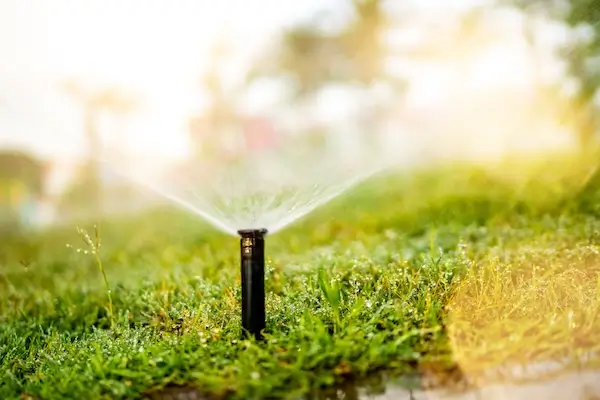 Close-up of an automatic lawn above-ground sprinkler system.