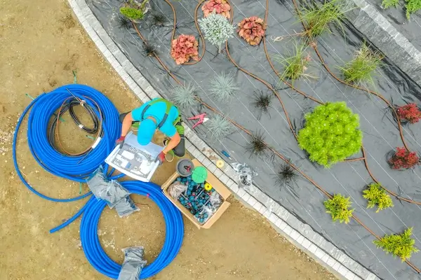 Residential plumber installs home irrigation sprinkler system.