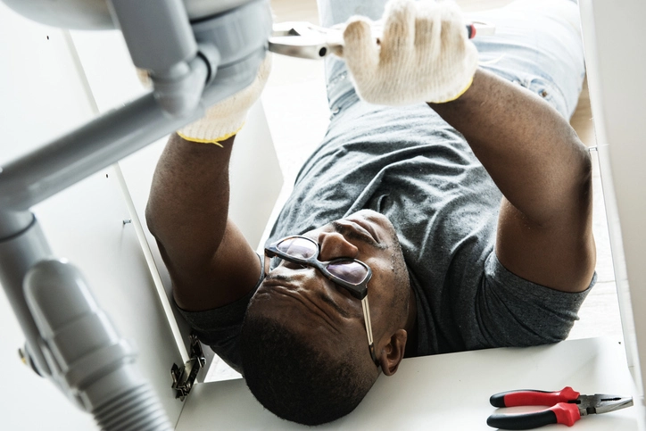 A man lying on his back uses a wrench and pliers to perform a simple plumbing repair underneath his sink. | Mr. Rooter Plumbing of Yavapai, Coconino and Maricopa Counties