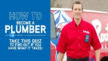 Mr. Rooter plumber smiling in front of work van, next to the words 'How to become a plumber, take this quiz to find out if you have what it takes.'