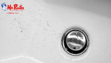 White bathroom sink and stainless steel drain with hair clippings in the sink basin.