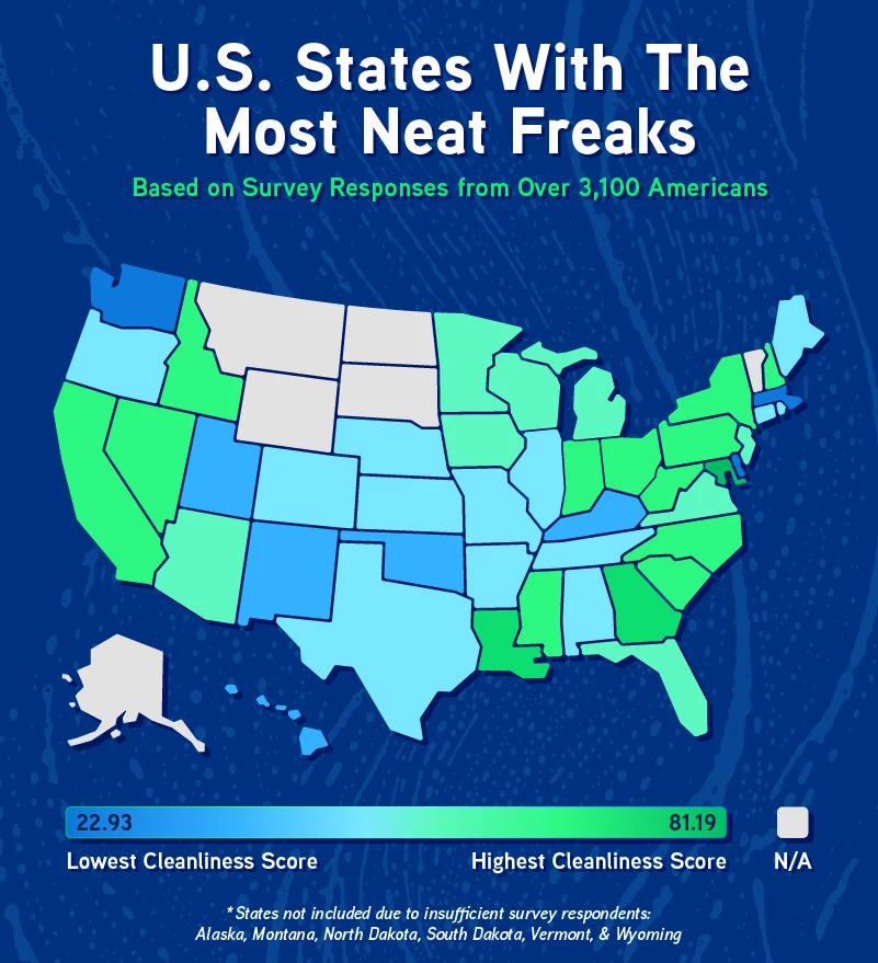 A U.S. heatmap showing the states that keep their spaces the cleanest and messiest.