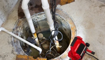 Repairing a sump pump in a basement with a red LED light illuminating the pit.