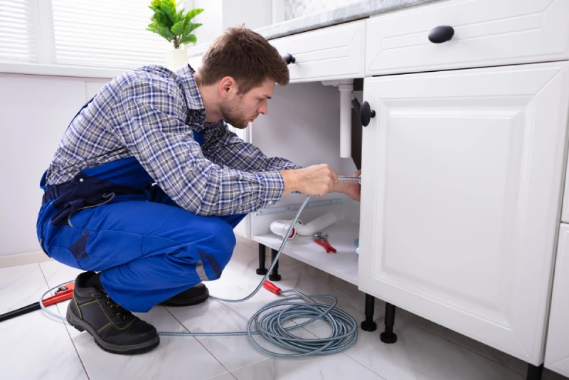 Young Male Plumber Cleaning Clogged Sink Pipe In Kitchen.