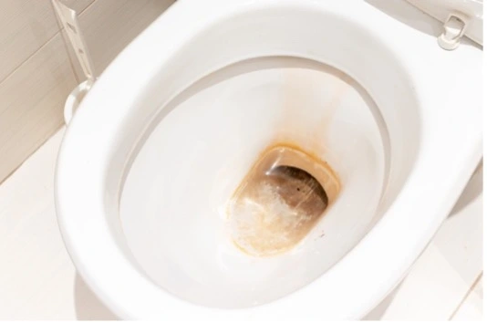 A toilet with rust stains accumulating in the bowl.