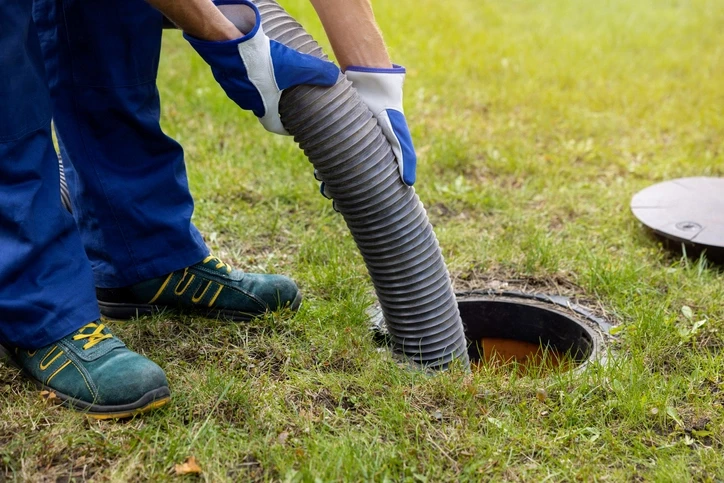 A plumbing technician guides a large plastic pipe into a hole in the ground where a septic tank is buried during the pumping process.