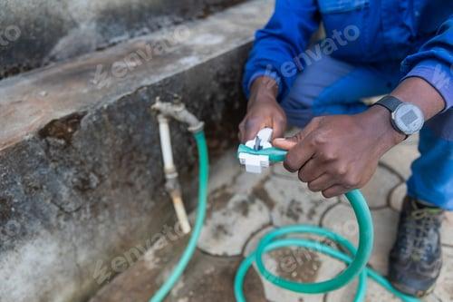 A plumbing professional cutting a pipe for an irrigation sprinkler system