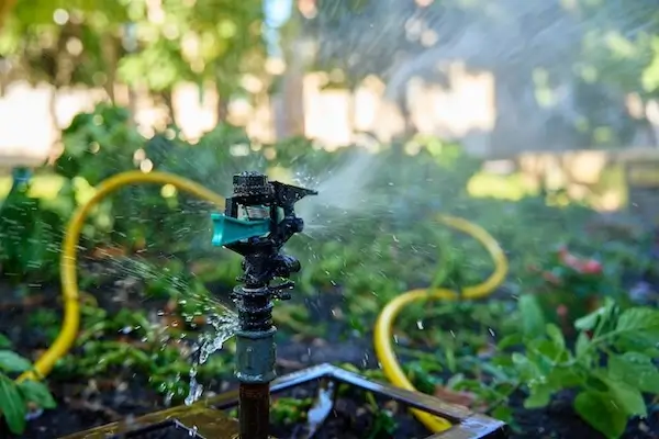 A home sprinkler system spraying water on gardens