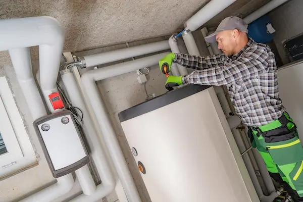 A plumber fixing a residential boiler.