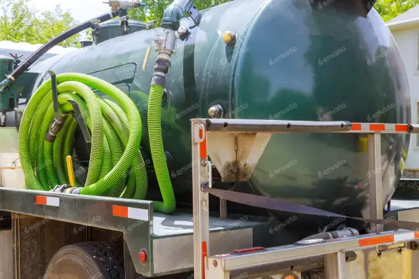 Septic tank system being pumped by sewage tank truck pumping machine 