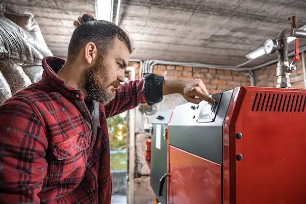 Emergency commercial plumber works on solid fuel boiler