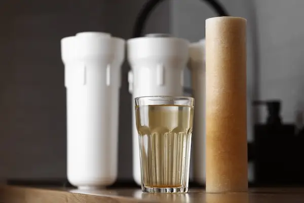 A used water filter for house use next to a glass of dirty water