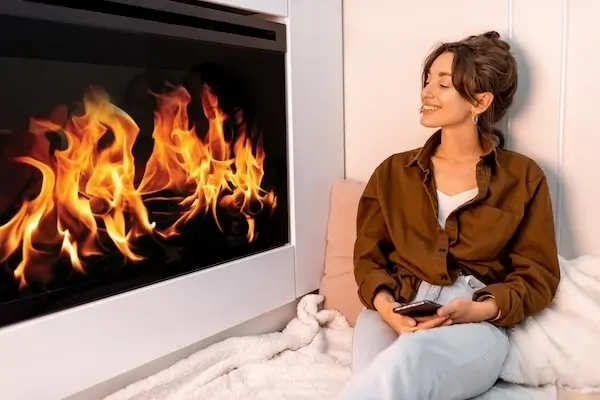 A woman relaxing by her gas fire after having a residential gas line installed.