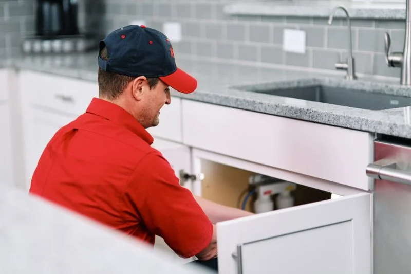 Mr. Rooter plumber completing a garbage disposal repair in a home kitchen